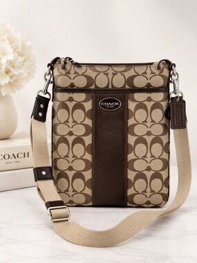 Coach Signature Khaki Brown Jacquard Canvas Crossbody Messenger Bag